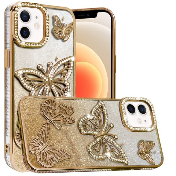 For iPhone 12/12 Pro Case Bling Butterflies 3D Glitter Cover Tempered Glass