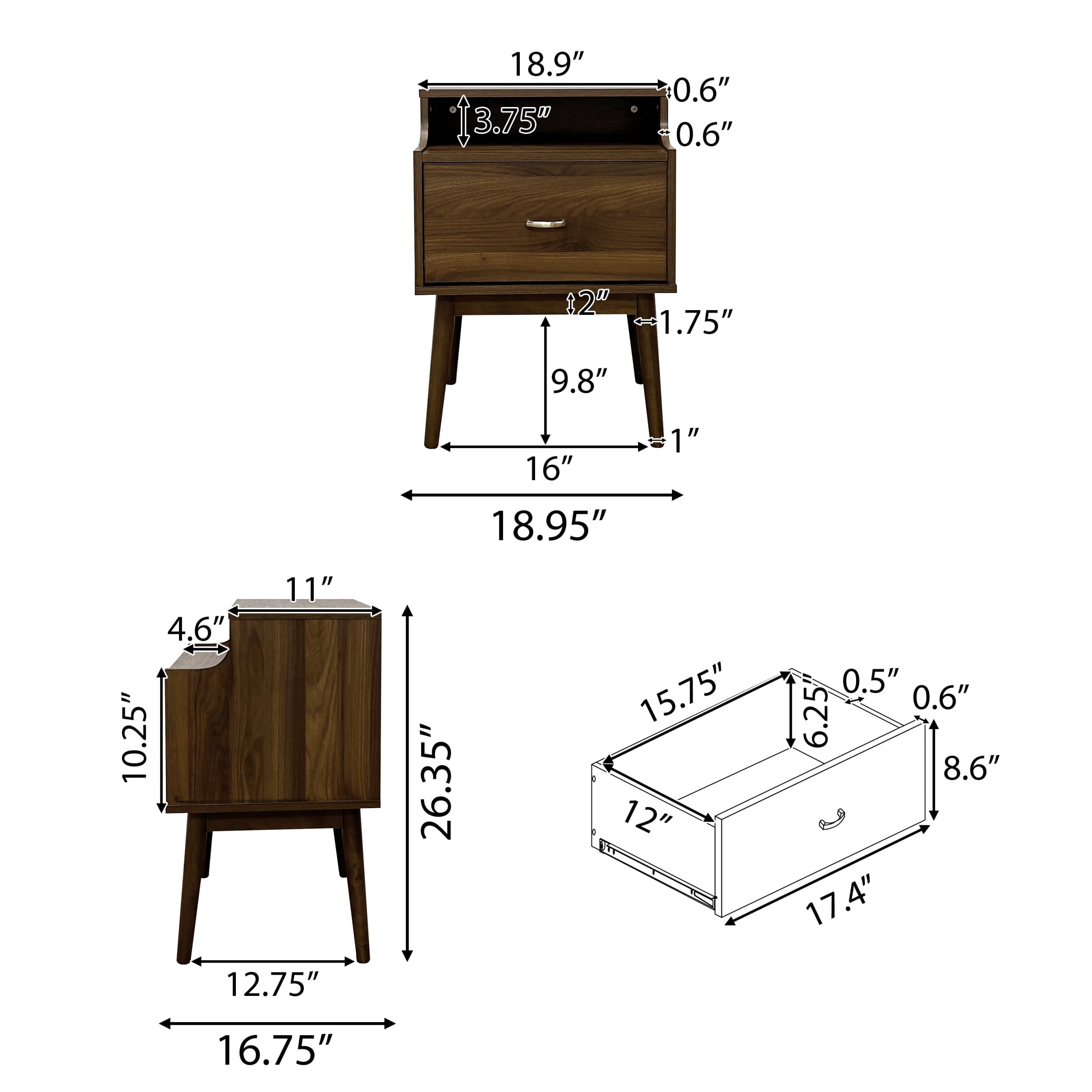 Noble House Starla Wooden 3 Piece 5 Drawer Dresser and Nightstand Bedroom Set, Columbia Walnut