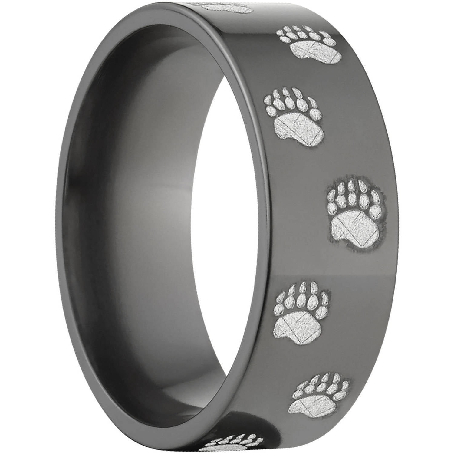 8mm Flat Black Zirconium Ring with Bear Tracks Lasered Around the Ring