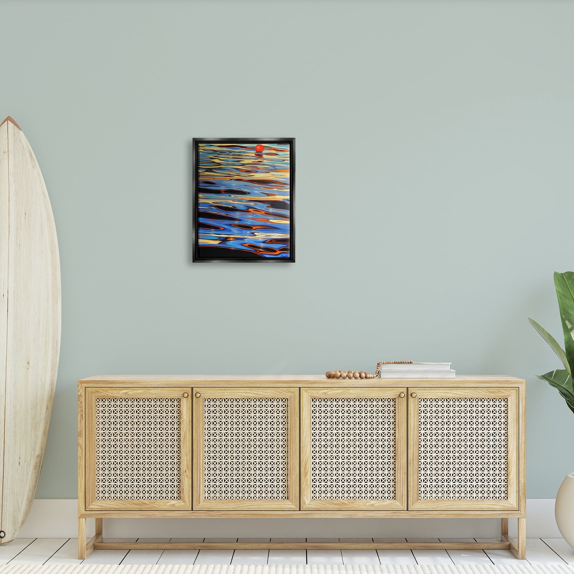 Stupell Industries Ball Floating Reflective Water Ripples Vivid Light Graphic Art Jet Black Floating Framed Canvas Print Wall Art, Design by Alan Weston