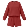 thumbnail image 6 of 2 Piece Ribbed Knit Loungewear Set Women's Long Sleeve Crew Neck Tops Elastic Waisted Shorts, Loose Comfortable Outfits Red S, 6 of 7