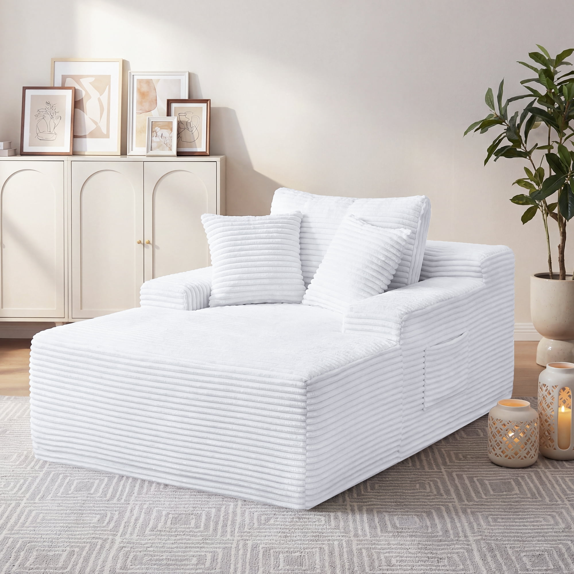 67" Corduroy Boneless Chaise Sofa for Living Room, 9.9'' Wide Armrest Lounge Chair, Indoor Oversized Sleeper Sofa, Deep Seat, 3 Soft Pillows Sofa Bed, No Assembly Required, White