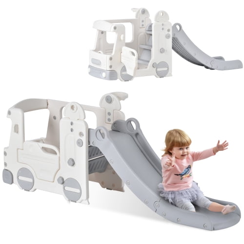 4 In 1 Slide For Kids, Toddler Climber Slide Playground Set With Bus 