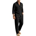 thumbnail image 5 of Delconic Mens Linen Blend Two Piece Outfit Loose Fit Long Sleeve Button Front Shirt and Straight Leg Pants Casual Set Black L, 5 of 8
