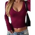thumbnail image 3 of Long Sleeve Shirts for Women Fall Fashion V Neck Basics Crop Tops Slim Fitted Y2K Tops Outfits Clothes Wine Red XL, 3 of 8