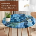 thumbnail image 5 of Sea Turtle Round Fitted Table Cover Floral Leaf Retro Blue Stripes Waterproof Table Cloth with Elastic Edge Wipeable Tablecloth for Picnic Camping Party Fits 55"-60" Diameter, 5 of 8