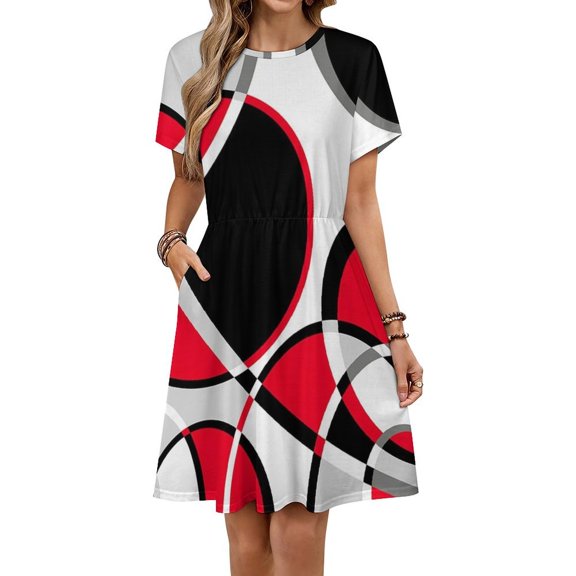 Red Grey Black Geometric Art Modern Abstract Short Sleeve Dress Women Summer Evening Dresses Ladies Sundress