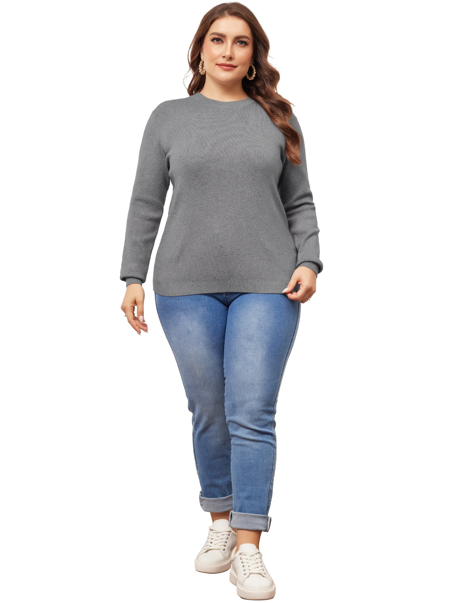 DARING DIVA Plus Size Long Sleeve Crewneck Sweater Fall Casual Tops 1X Grey