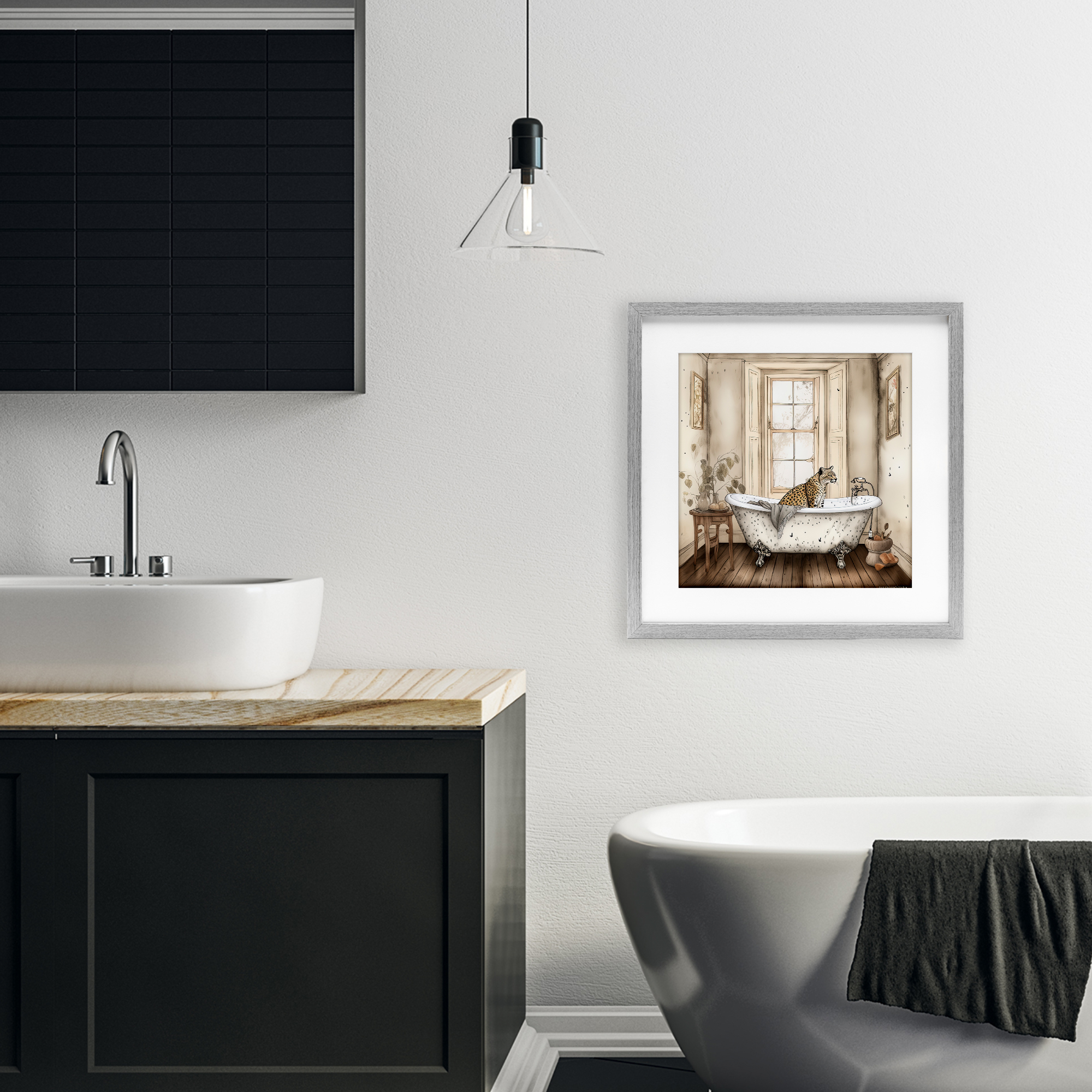 Neutral Leopard Bathtime Gray Framed Print Under Glass, design by Sasha