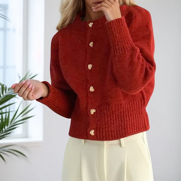 ZHOGXU Women's Cardigan Long Sleeve Open Front Buttons Solid Color Knit Comfortable Loose Fit Coat Jacket For Casual Daily Wear Red One Size