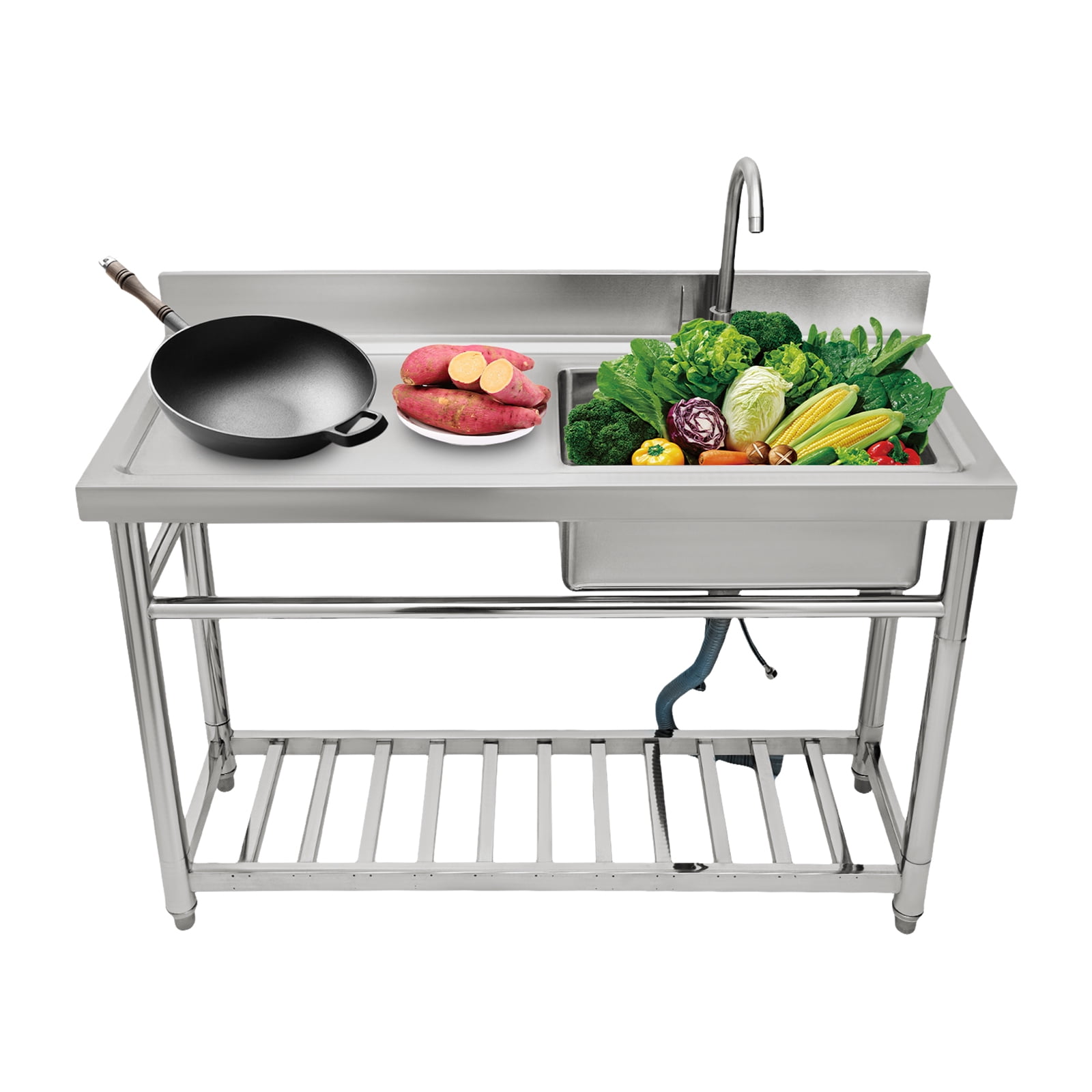 Dwellnix Commercial Stainless Steel Utility Sink, 201 Steel with 360° Rotatable Faucet & Filtration Basket, Adjustable Feet & Storage Shelf, Suitable for Home, Kitchen, or Garage