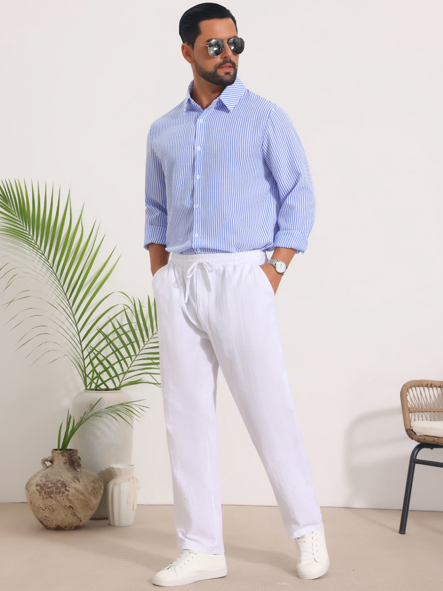 DARING DIVA Men's Seersucker Long Sleeve Button Down Textured Striped Shirts L Blue