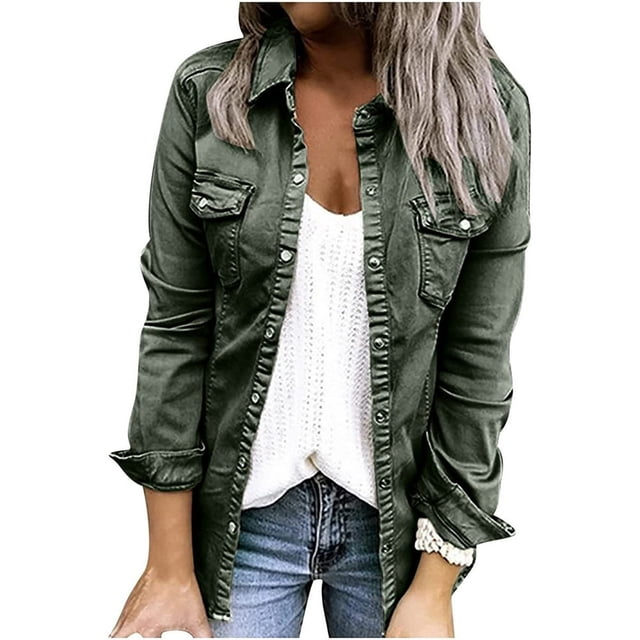 Fashion Womens Loose Solid Color Long Sleeve Denim Button Pocket Shirt Jacket