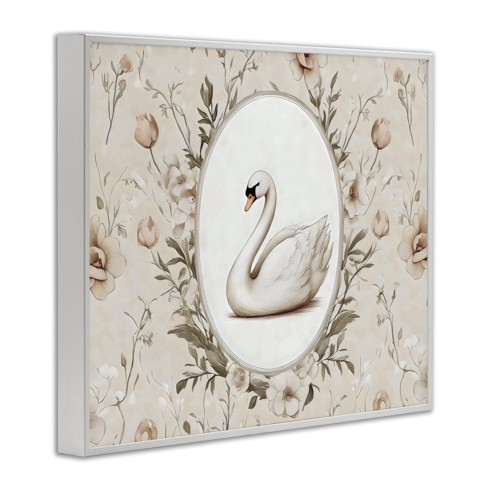 Stupell Industries Swan Vignette in Floral Border White Framed Giclee Art, design by Arlington Prints