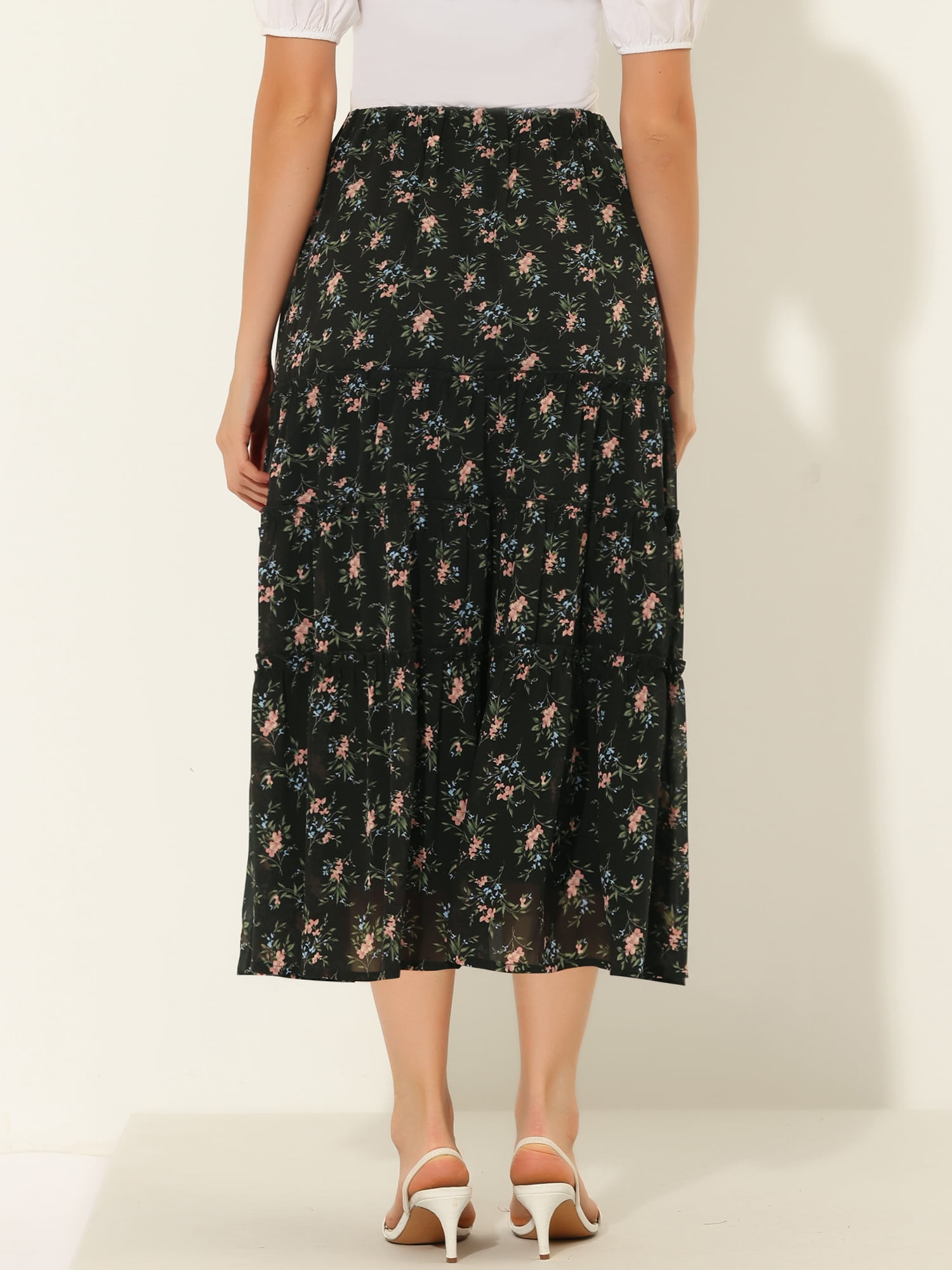 DARING DIVA Women's Chiffon Tiered A-Line Maxi Skirt XL Black A