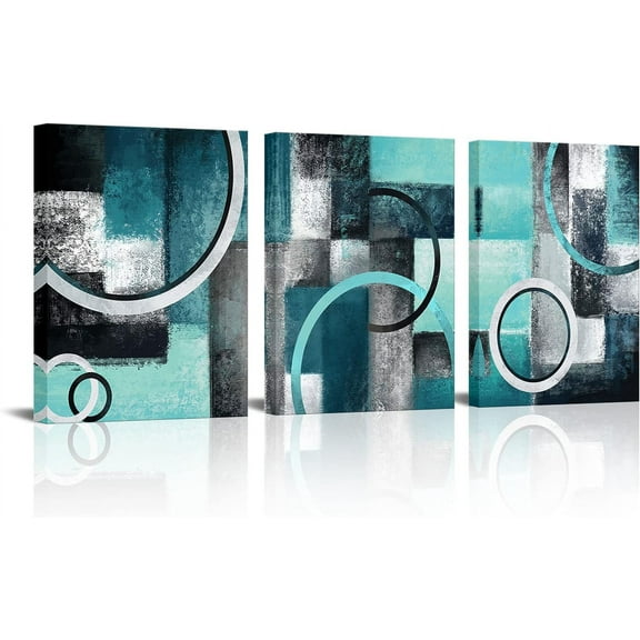 Teal and Grey Abstract Geometric Circle Canvas Wall Art Rustic Turquoise Blue Prints Artwork for Living Room Bedroom Wall Decoration
