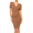 thumbnail image 4 of Moa Collection Women's Solid Sheath Dress with a Deep V-Neckline and Puff Sleeves, 4 of 6