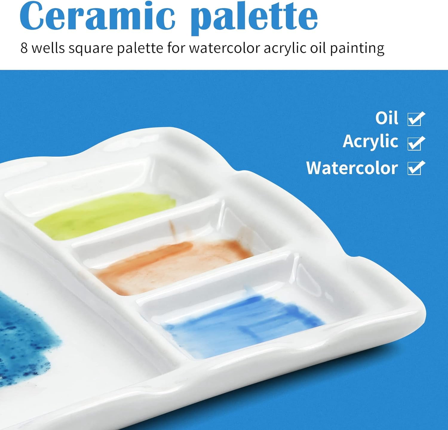 Artist Ceramic , 8 Well Rectangle Porcelain Watercolor Paint for Watercolor Gouache Acrylic Oil Painting, 7-Inch