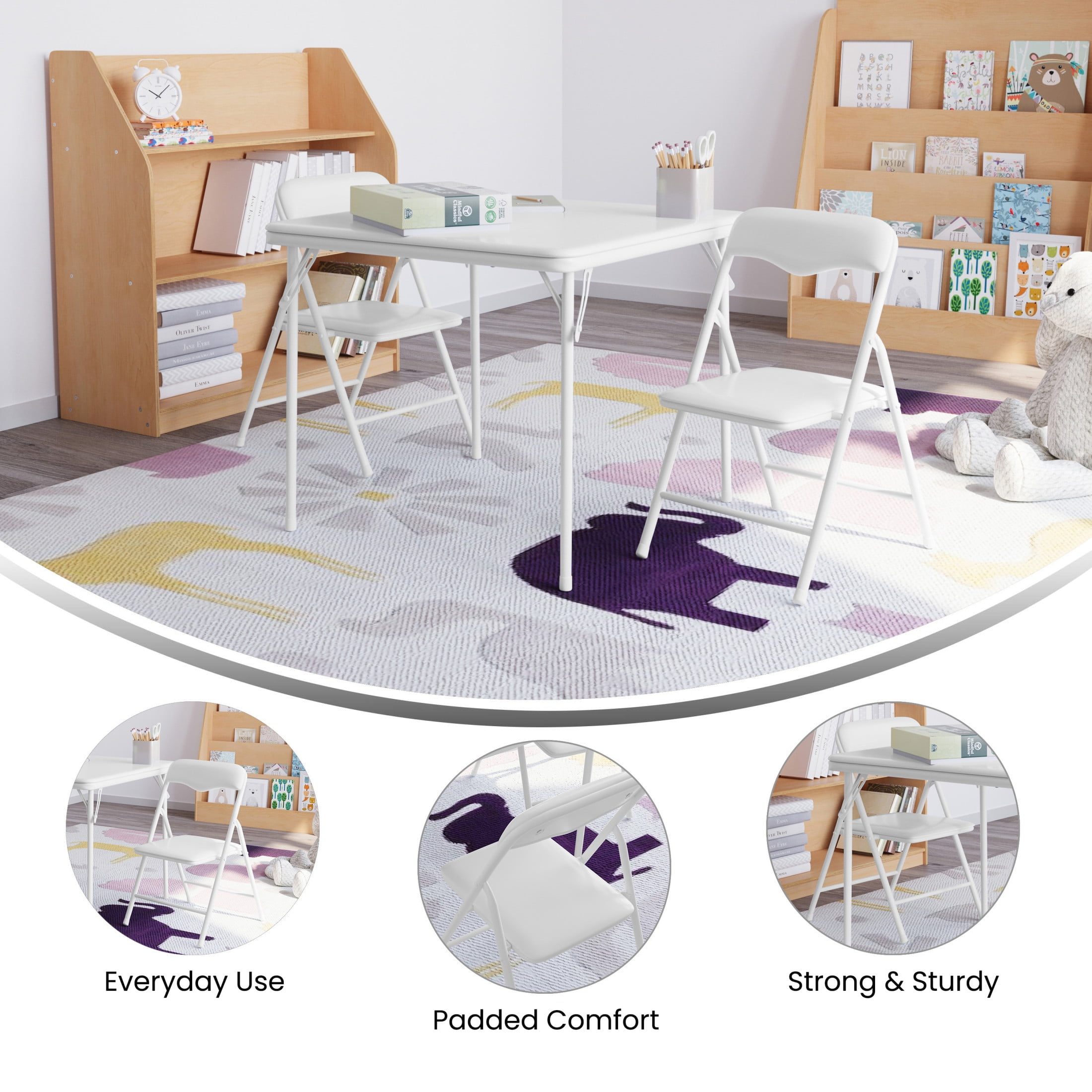 Emma + Oliver 3 Piece Kids Folding Table and Chair Set with White Vinyl Tabletop, Backrest and Seat