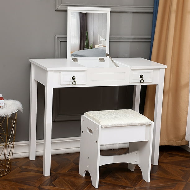 Cushioned Stool Girls Vanity Table, Vanity Table With Mirror And Bench