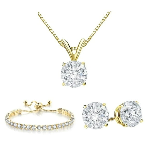 Paris Jewelry 18K Yellow Gold Created White Sapphire Round Necklace, Earrings & Tennis Bracelet Set Women plated