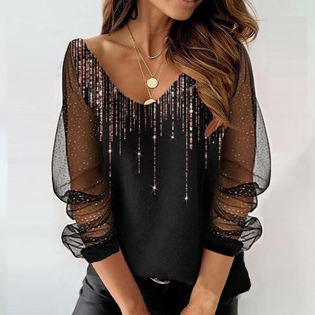 Babysbule Hauts en Liquidation pour Femmes Blouse à Manches Longues en Maille Imprimée Col en V Tunique Chandail Chemise