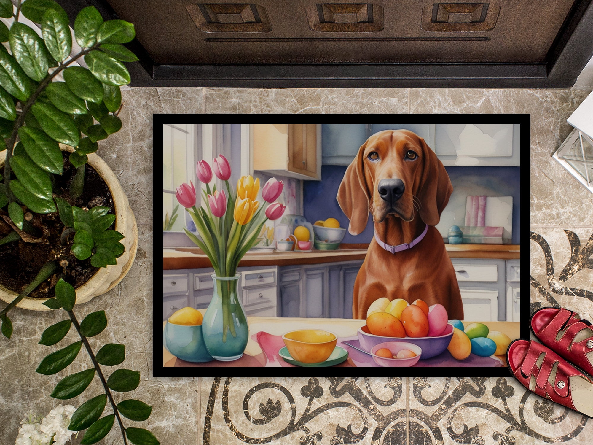 Decorating Easter Redbone Coonhound Doormat 27 in x 18 in