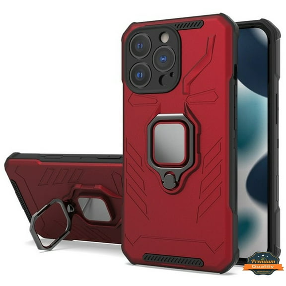 For Apple iPhone 13 Pro Max (6.7") Shock-Proof Case with Magnetic Car Mount Kickstand Ring Holder Texture Hybrid Dual Layer Phone Case Cover by Xpression [Red]