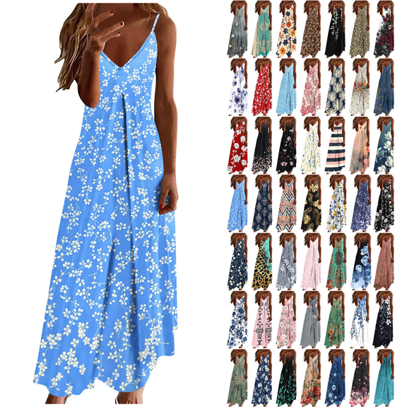 Horkkom Floral Dress for Women V Neck Spaghetti Strap Maxi Dresses Summer Beach Long Dresses XXL