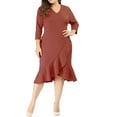 thumbnail image 3 of GRACE & GRANDEUR Women's Plus Size Valentines Day Bodycon V-Neck 3/4 Sleeve Slim Ruffle Hem Wrap Dresses 1X Brick Red, 3 of 9