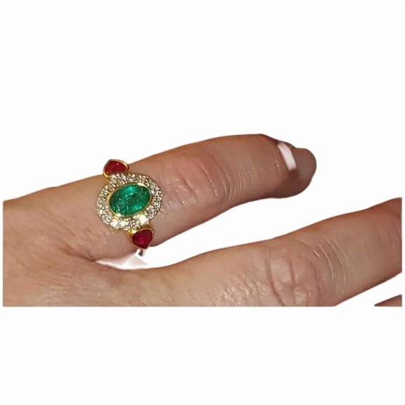 Natural Emerald & Ruby Ring, Emerald Gemstone Ring, Heart shape Ruby Ring, Women Ring, Gold Micron, 925 Sterling Silver, Cluster Cocktail Ring, Dainty Minimalist Stacking jewelry, Valentine Gift Ring