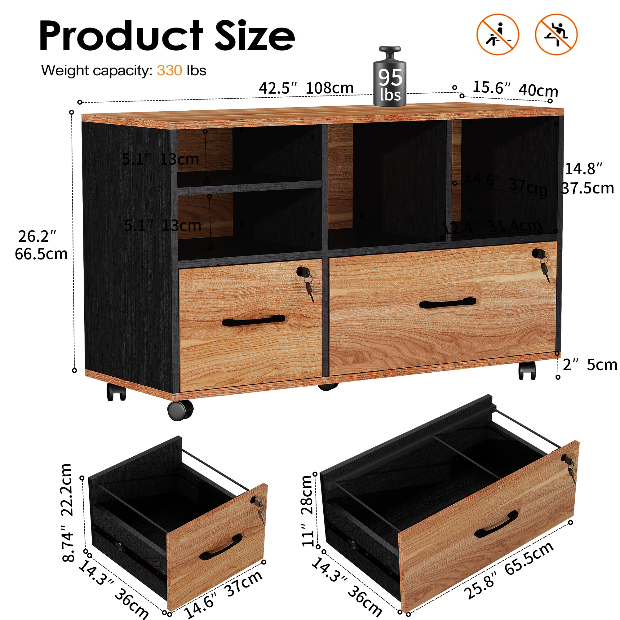 Modfurne Large Lateral File Cabinet with 2 Drawers, Wood Mobile Lockable Rolling Filing Cabinet, Printer Stand Office Storage Fits Files Legal/A4, Brown