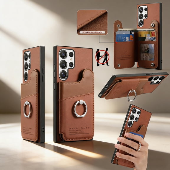 Designed for Samsung Galaxy S26 Ultra Back Wallet Case with Card Holder Slots, [Rotatable Ring Holder Stand & Secure Grip Ring] [RFID Blocking PU Leather Protection] Shockproof Cover, Brown