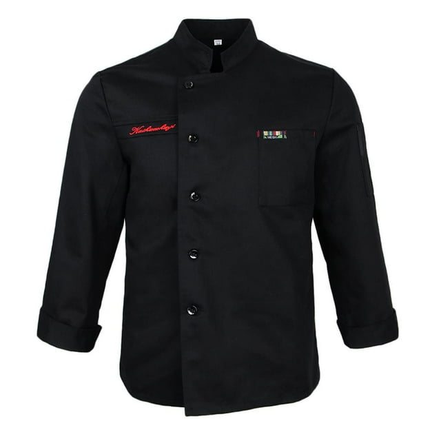 MERIGLARE Chef Jacket Long Sleeves Pen Pockets Single-breasted Kitchen Coat - Black, L L L