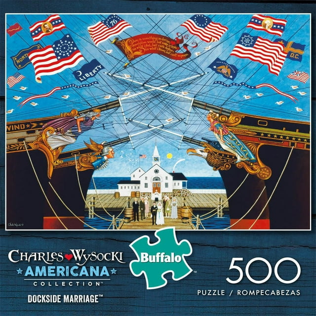 Buffalo Games - Americana Collection - Dockside Marriage - 500 Piece Jigsaw Puzzle depicting two docked ships with crossed bowsprits featuring historical American flags and carved figureheads, a wedding party gathered on a pier before a white church by the water under a blue sky, puzzle size 21.25 by 15 inches, made from recycled paperboard with precision-cut pieces for perfect fit, includes a full-color bonus poster, suitable for puzzle enthusiasts.