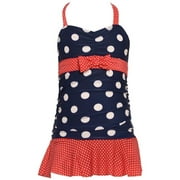 Angle View: Little Girls Navy Red White Dot One Piece Swimsuit Cover Up Set 4
