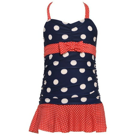 Little Girls Navy Red White Dot One Piece Swimsuit Cover Up Set 4