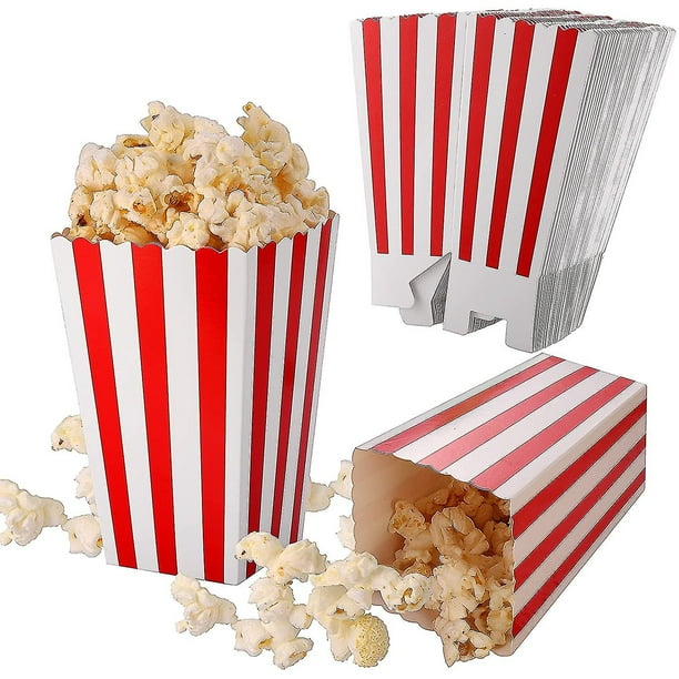 50 cajas de palomitas de maíz con rayas rojas y blancas, pequeños recipientes de papel para dulces, estilo retro