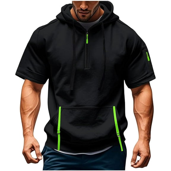 YLSDY Fashion Mens Shirts Hoodies for Men Short Sleeve Quarter Zip Hoodie Lightweight Oversized Hooded Tshirts with Pocket Black XXL