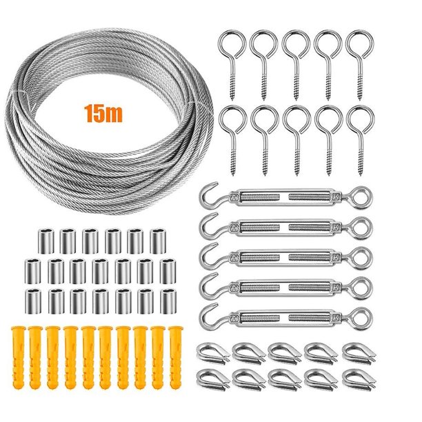 (15 m) Kit para colgar cuerda de acero inoxidable 304, cable de acero inoxidable recubierto de nailon, tensor de cable de acero de PVC, para cuerda de tienda, tendedero, candelabro de exterior