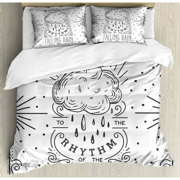 Cloud Queen Size Duvet Cover Set, Framed Lettering Listen to the Rhythm of the Falling Rain Quote and Sun, Decorative 3 Piece Bedding Set with 2 Pillow Shams, Charcoal Grey and White, by Ambesonne