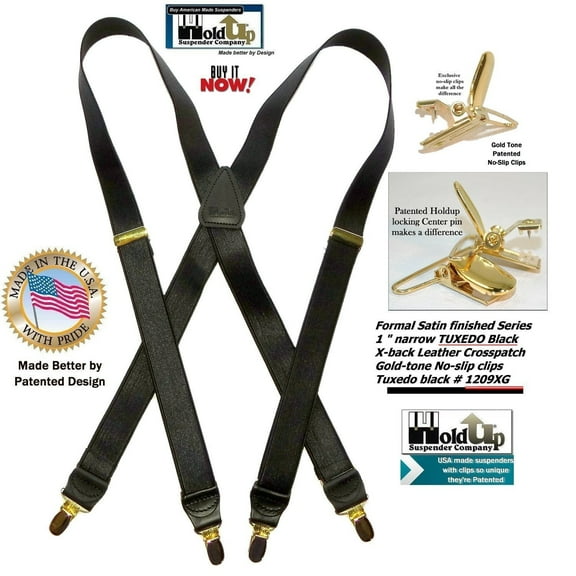 Holdup Brand Tuxedo Black 1" wide Satin Finish X-back style Suspenders with Patented No-slip Gold clips