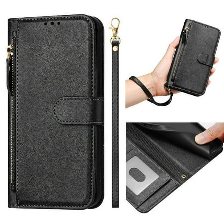 Filp Case for OPPO A38 4G Zipper Pocket Magnetic Flip Wallet Phone Case with 7 Card Slots and Wrist Strap