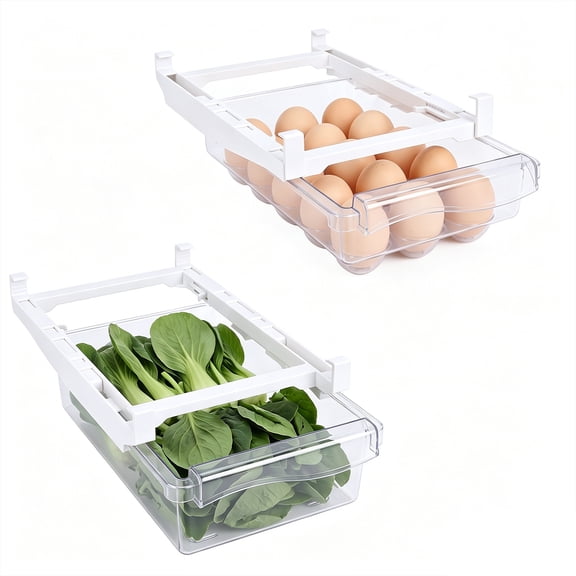 Pethiy 2-Pack Fridge Drawer Organizer Set (Egg Tray Storage Box), Hanging Refrigerator Shelf Organizer, Clear Plastic Pull-Out Bin for Vegetables, Fruits & Eggs