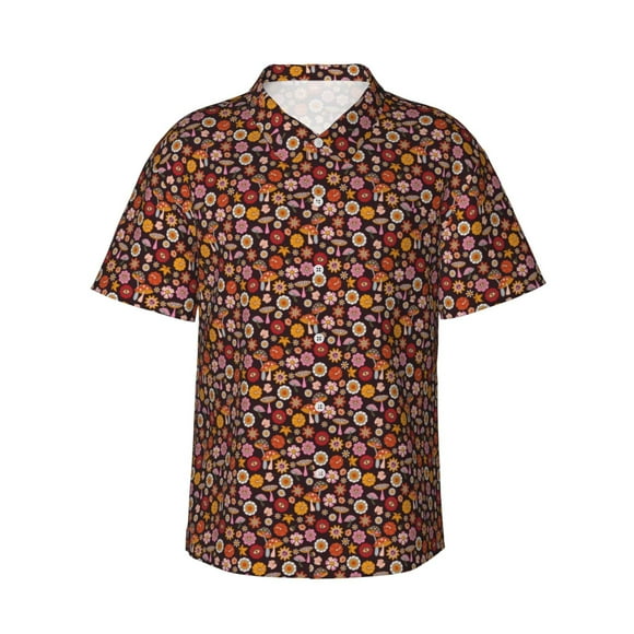 Vsdgher 70s Groovy Hippie Retro Print Men's Hawaiian Shirts Button Down Tropical Holiday Beach Shirts Vacation Clothes -Small