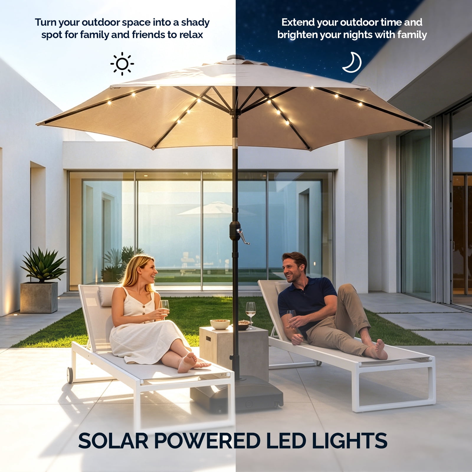 9ft Solar Patio Umbrella with LED Lights, UPF 50+ Waterproof Canopy, 6 Iron Ribs, Push Button Tilt & Crank Lift, Beige for Patio Garden Poolside