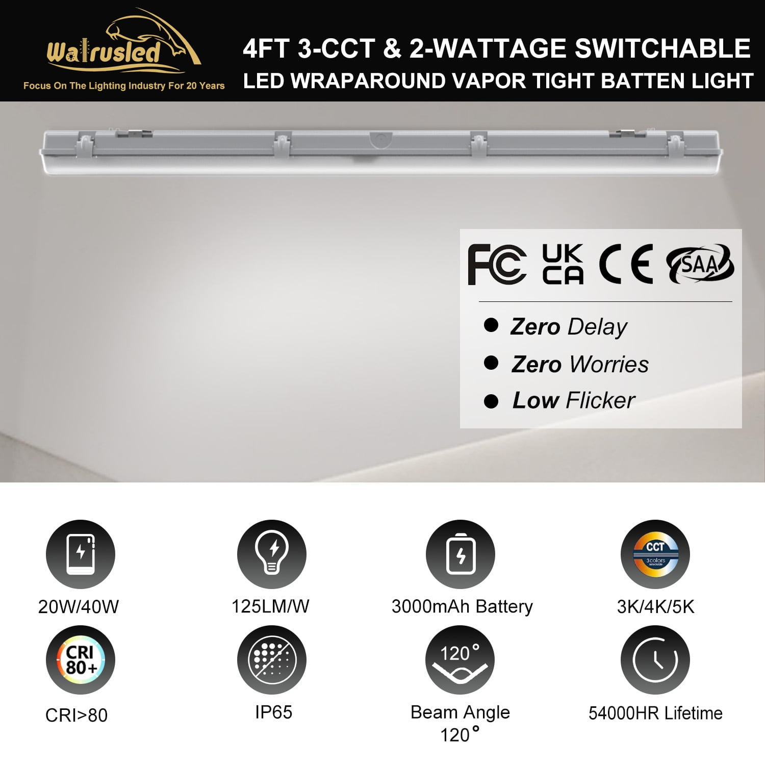 4FT LED Vapor Tight Emergency Light, Battery Backup IP65 20W/40W Vapor Proof Fixture, 3000K/4000K/5000K CCT 2500lm/5000lm Selectable, Dimmable 4 Foot Outdoor Carport Waterproof Shop Light Fixture,FCC