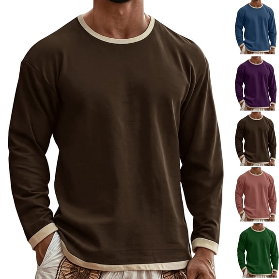 HAJWOH Men's Cotton Long Sleeved Lightweight Soft Athletic Crew Neck Gym Tops for Running Lounging Basic Shirts
