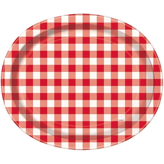Red Gingham Oval Paper Plates - 8 Pcs