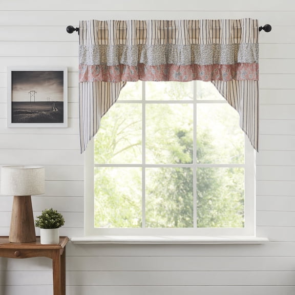 VHC Brands Kaila Country Cottage Ruffled Blue Ticking Stripe Kitchen Curtain Swag Set 36x36x16
